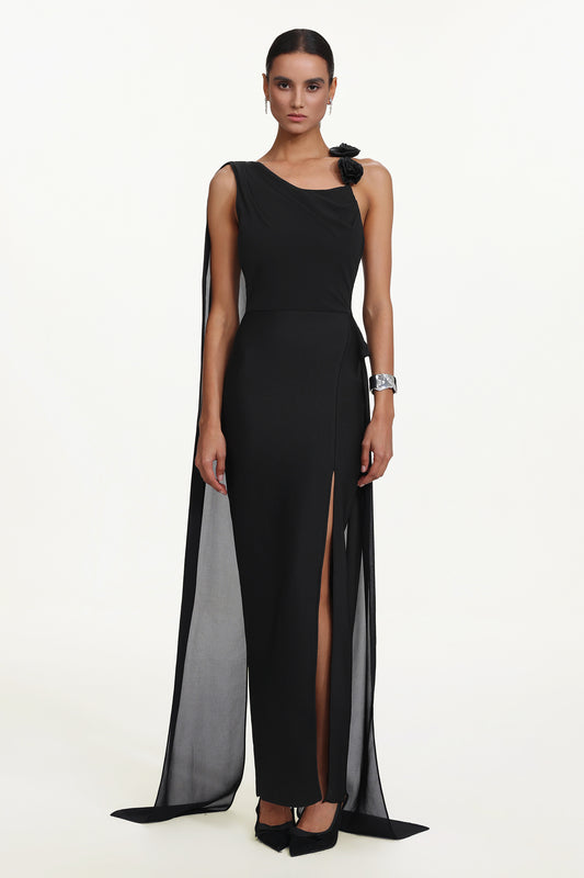 Vestido Maxi Eliza Assimétrico em Tecido Fluido com Estampa Floral