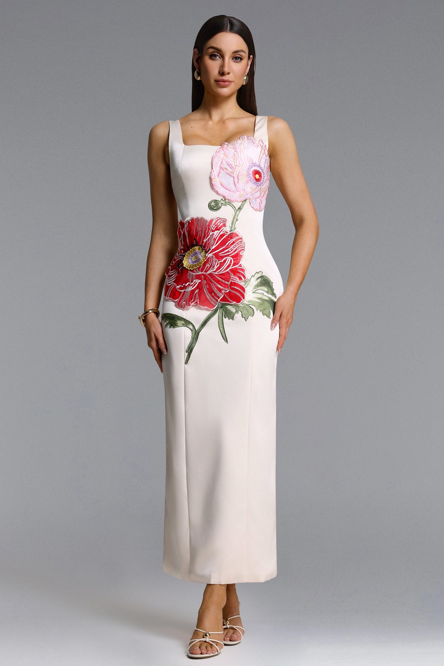 Vestido Maxi Mallen Sem Mangas Decote Quadrado com Aplicação Floral