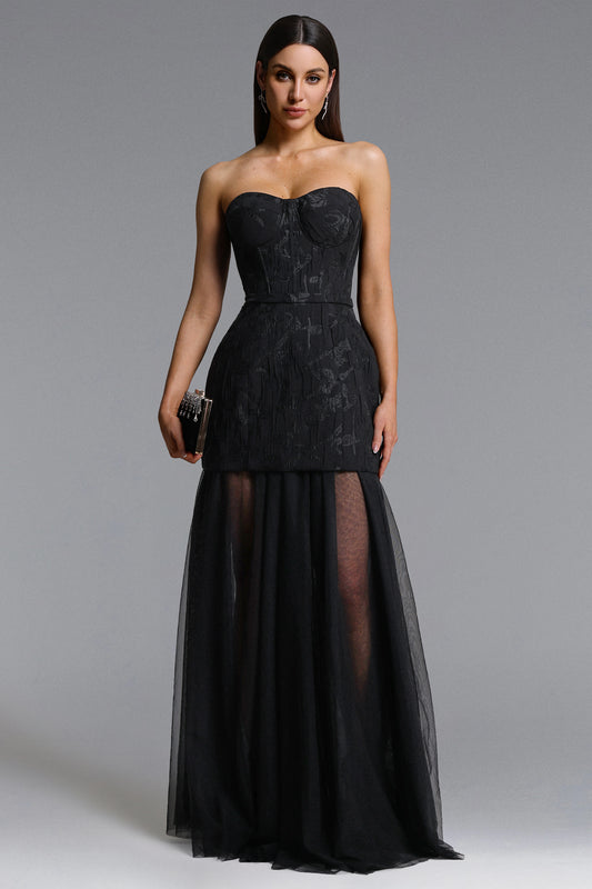 Vestido Longo Margo com Decote Tomara que Caia em Jacquard Floral