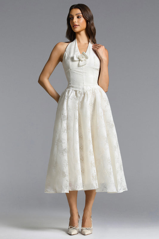 Vestido Longo Delaney com Amarração ao Pescoço e Jacquard Floral