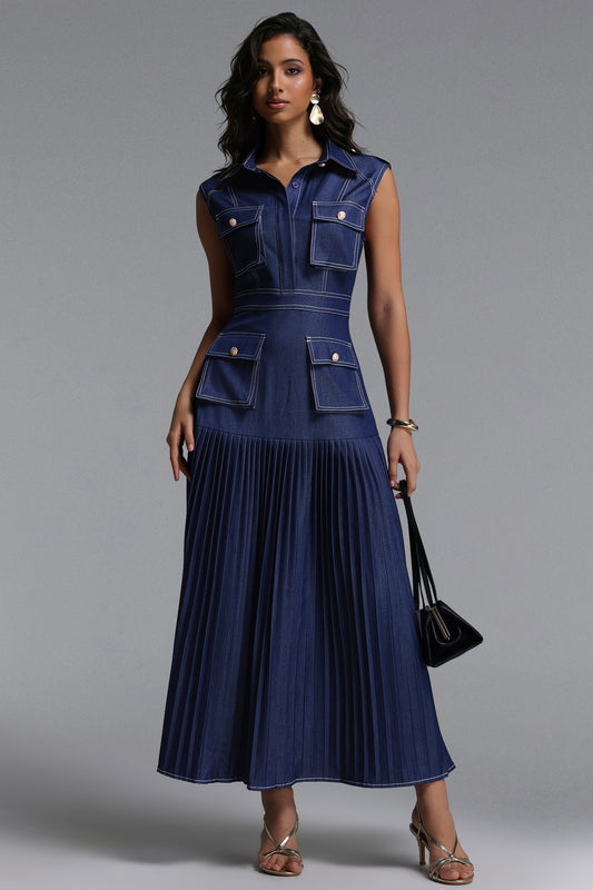 Vestido Maxi Jouy em Jeans Plissado Elegante Sem Mangas