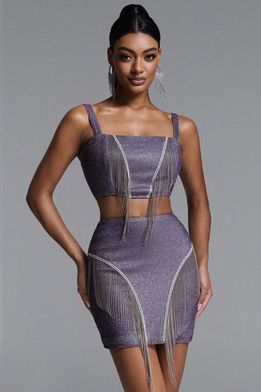 Conjunto Vercia: Blusa e Saia em Paetê e Franja
