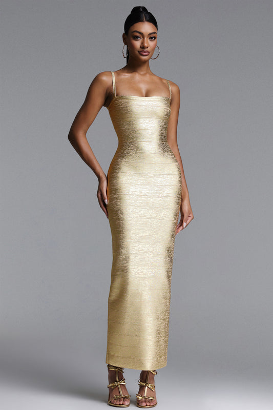 Vestido Maxi Lionce com Contorno Metálico em Tecido Bandage