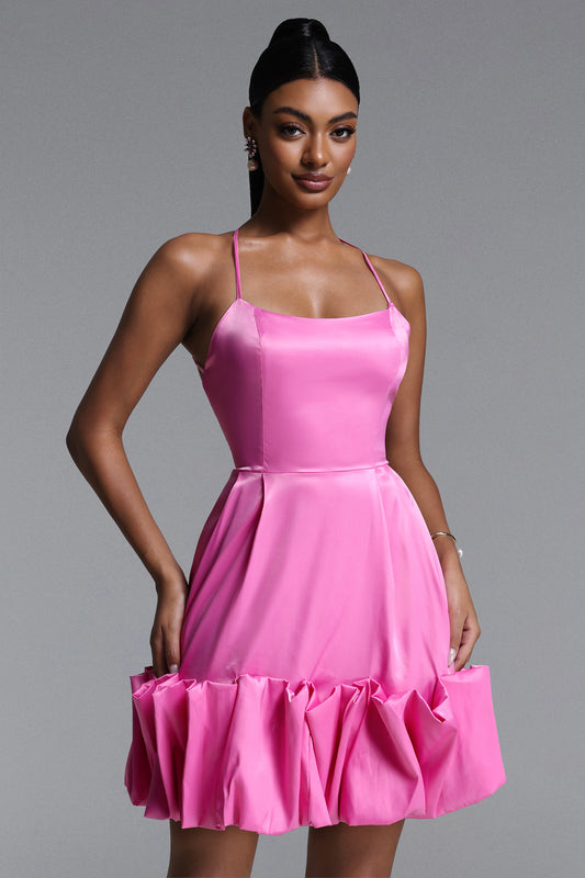 Vestido Mini Sarly Romântico com Mangas Bufantes em Cetim