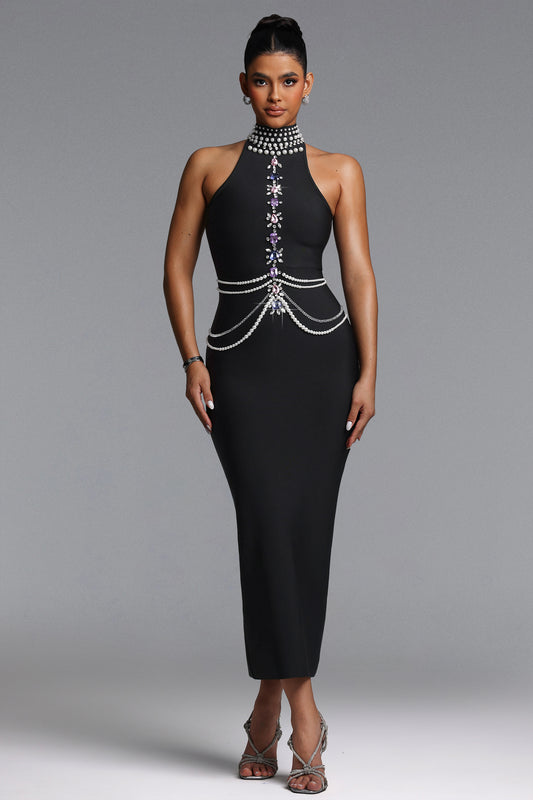 Vestido Maxi Opal com Halter, Pérolas e Cristais em Bandage