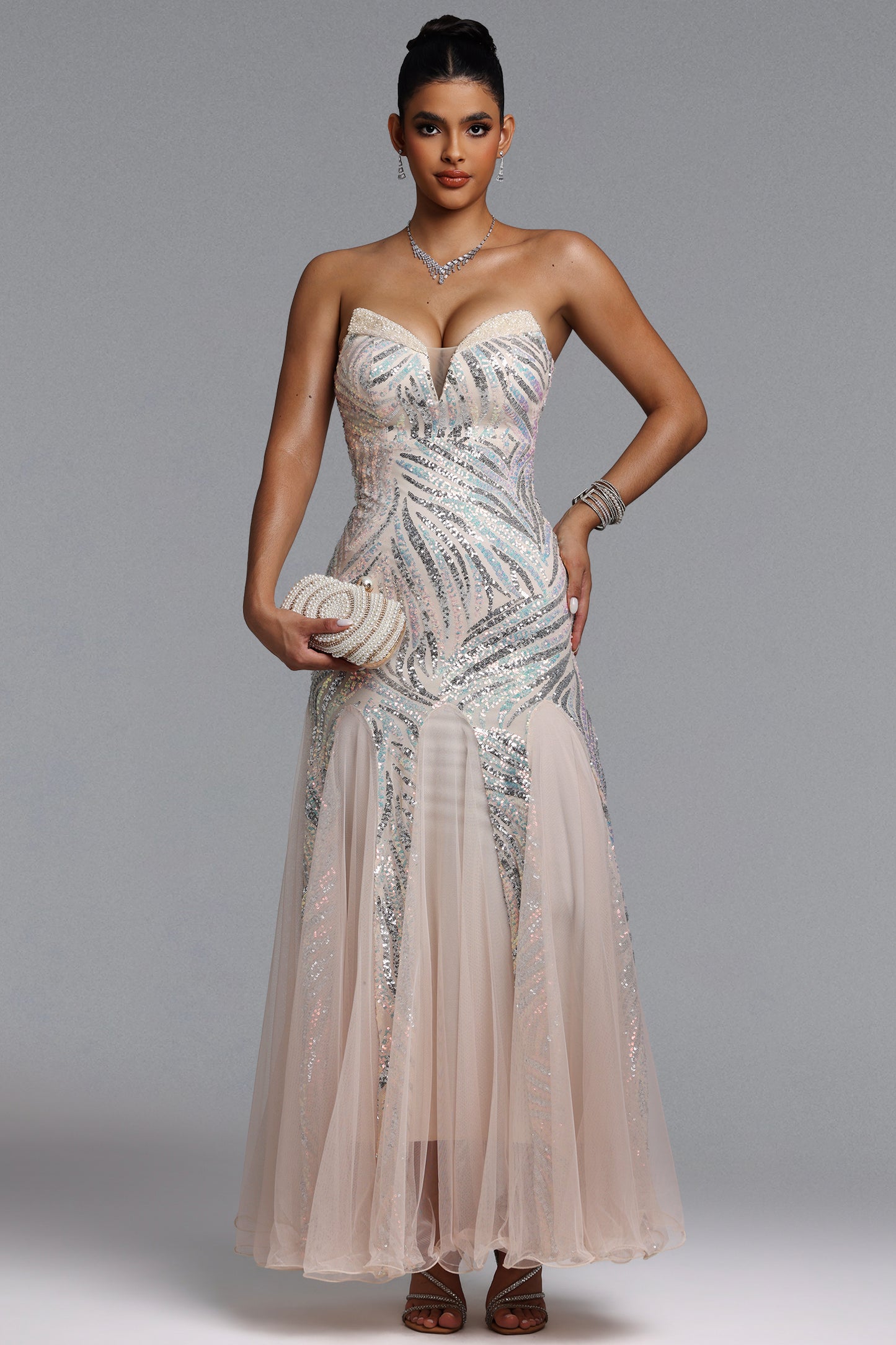 Vestido Maxi Sally com Paetês Bege