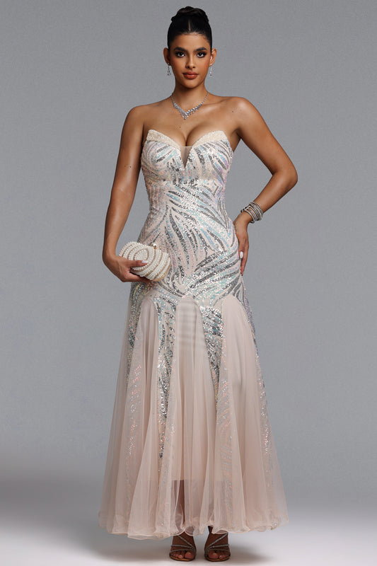 Vestido Maxi Sally com Paetês Bege