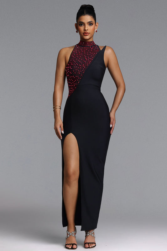 Vestido Maxi Liopa com Decote Halter, Pérolas e Cristais