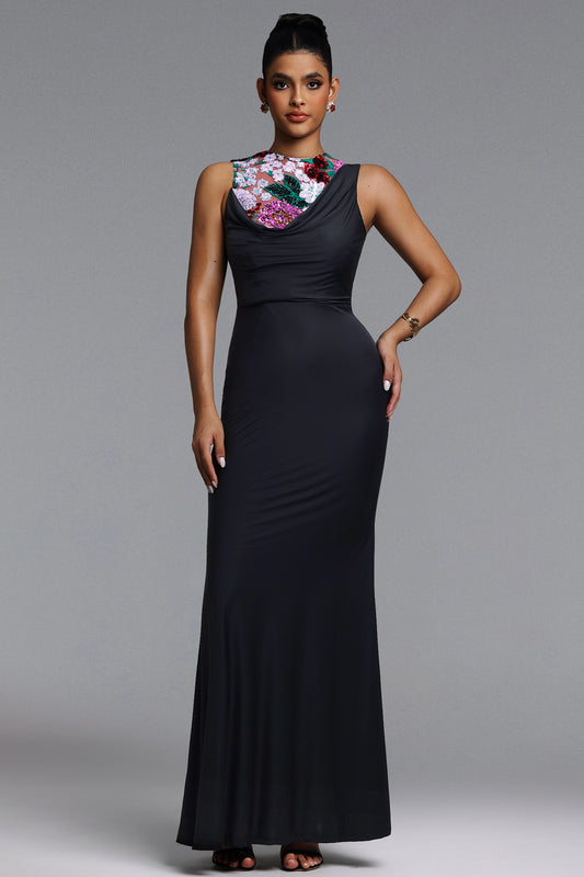 Vestido Maxi Racer Chic com Floral e Paetê