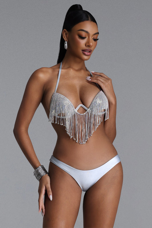 Biquíni Doris Halter Strass e Franja Prata