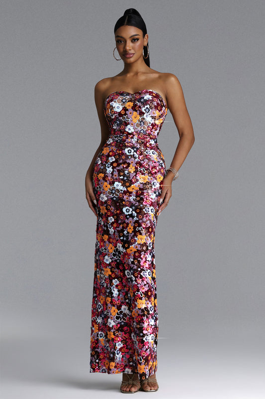 Vestido Longa Livia Chic com Paetês e Floral