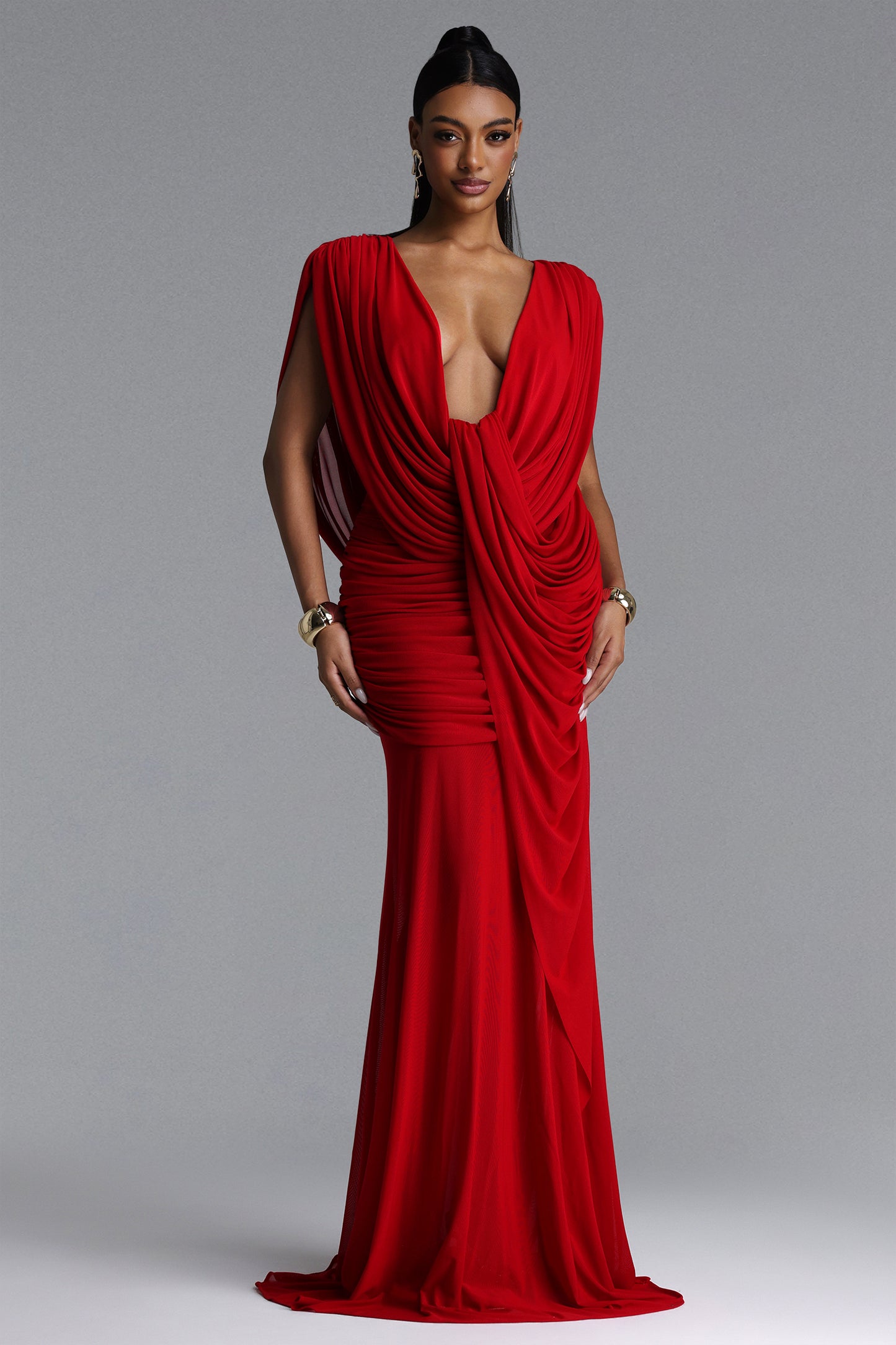 Vestido Maxi Glenda em Tricô Vermelho com Drapeado