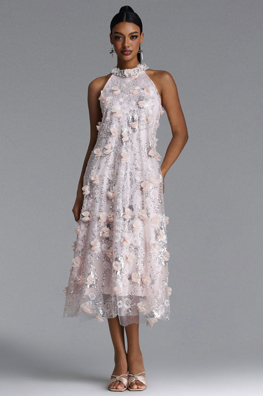 Vestido Maxi Faithe com Alça Halter e Paetês com Flores