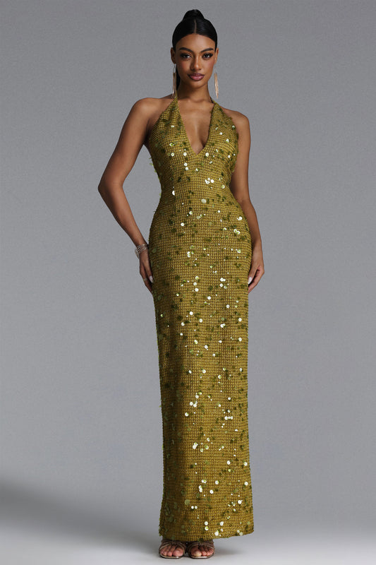 Vestido Maxi Mitzi com Paetê e Decote V