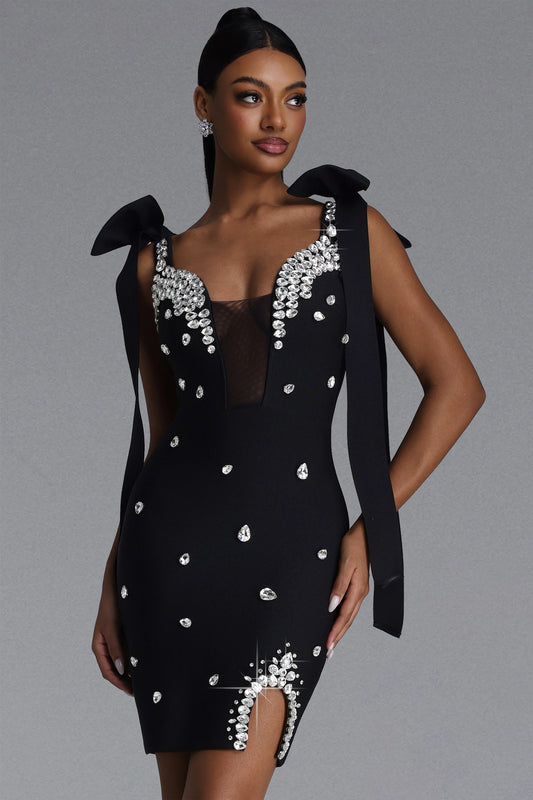Vestido Curto Zatte Bandage com Laço e Strass Preto