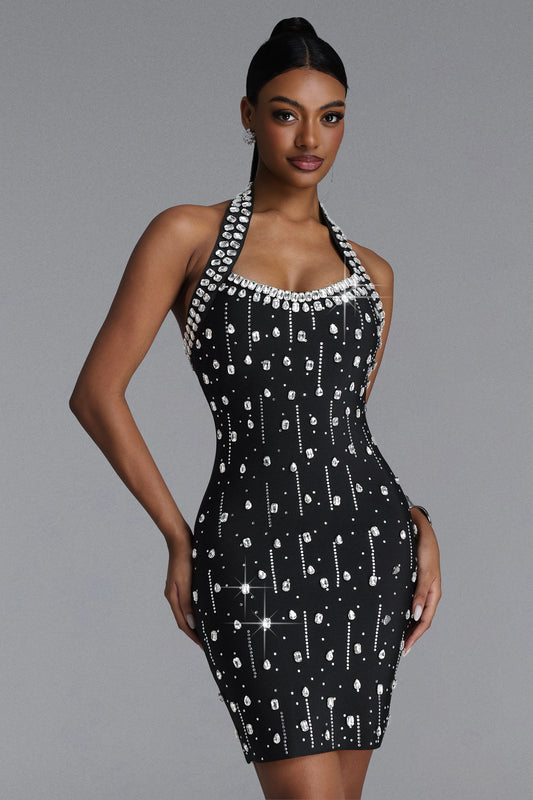 Vestido Bandage Mini Manik com Strass e Decote Halter