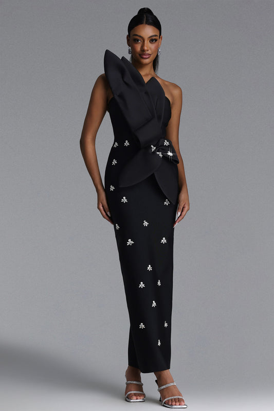 Vestido Maxi Ohney com Strass e Recorte Assimétrico
