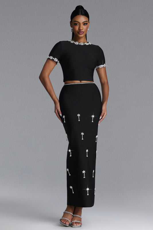 Vestido Maxi Lula com Manga Curta e Aplicações de Strass