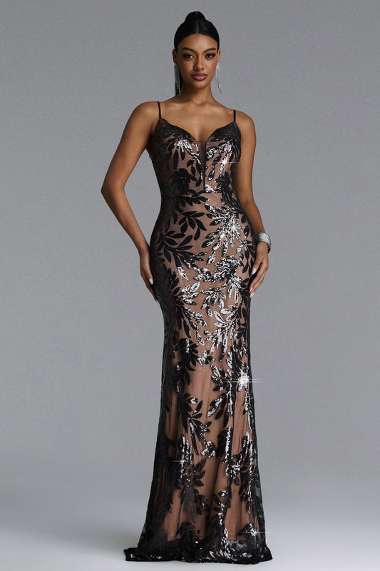 Vestido Longa Gunnhild Sexy com Paetês e Decote V