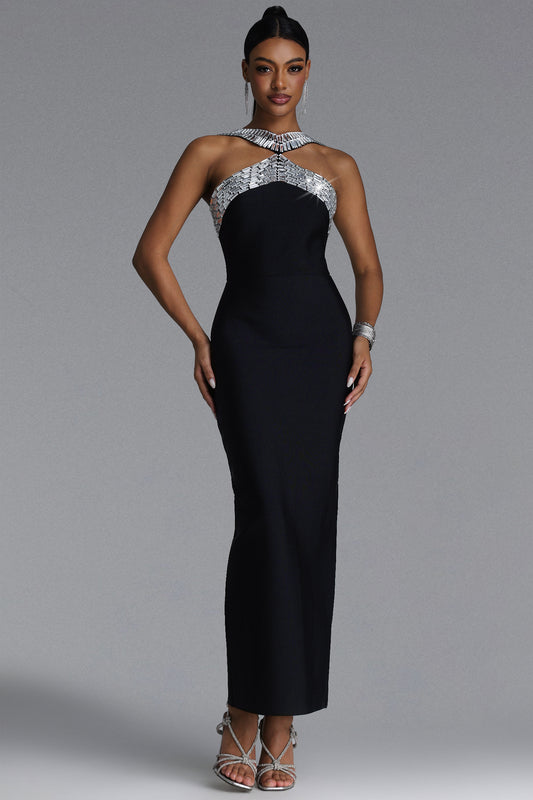 Vestido Longa Riza Chic com Strass e Efeito Bandagem