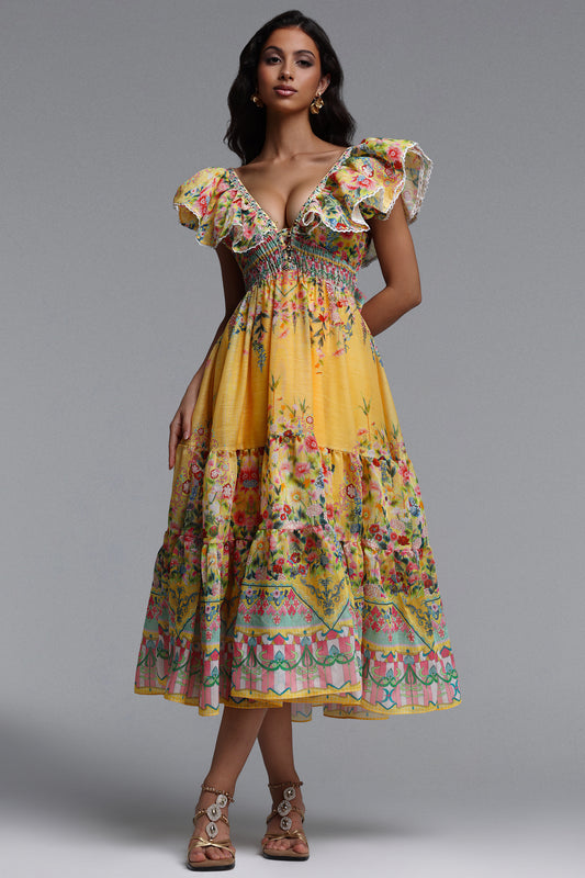 Vestido Maxi Thyra Resort com Estampa Floral e Babado Fluido Sem Mangas