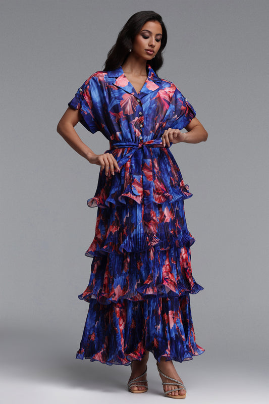Vestido Dinah Resort Fluido com Manga Curta, Babado e Estampa Floral Midi