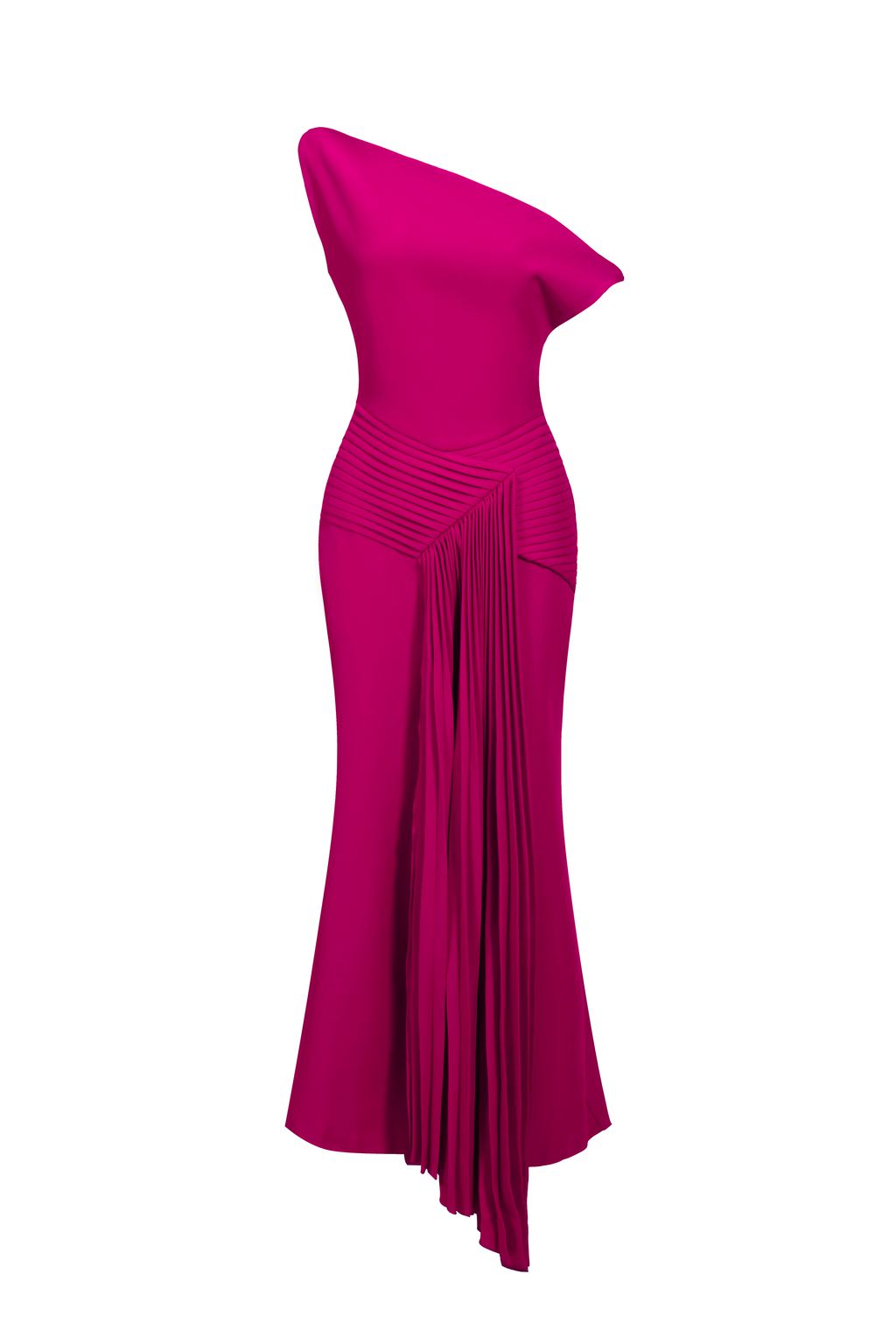 Vestido Midi Paulina com Ombro Oblíquo e Pregas em Rosa