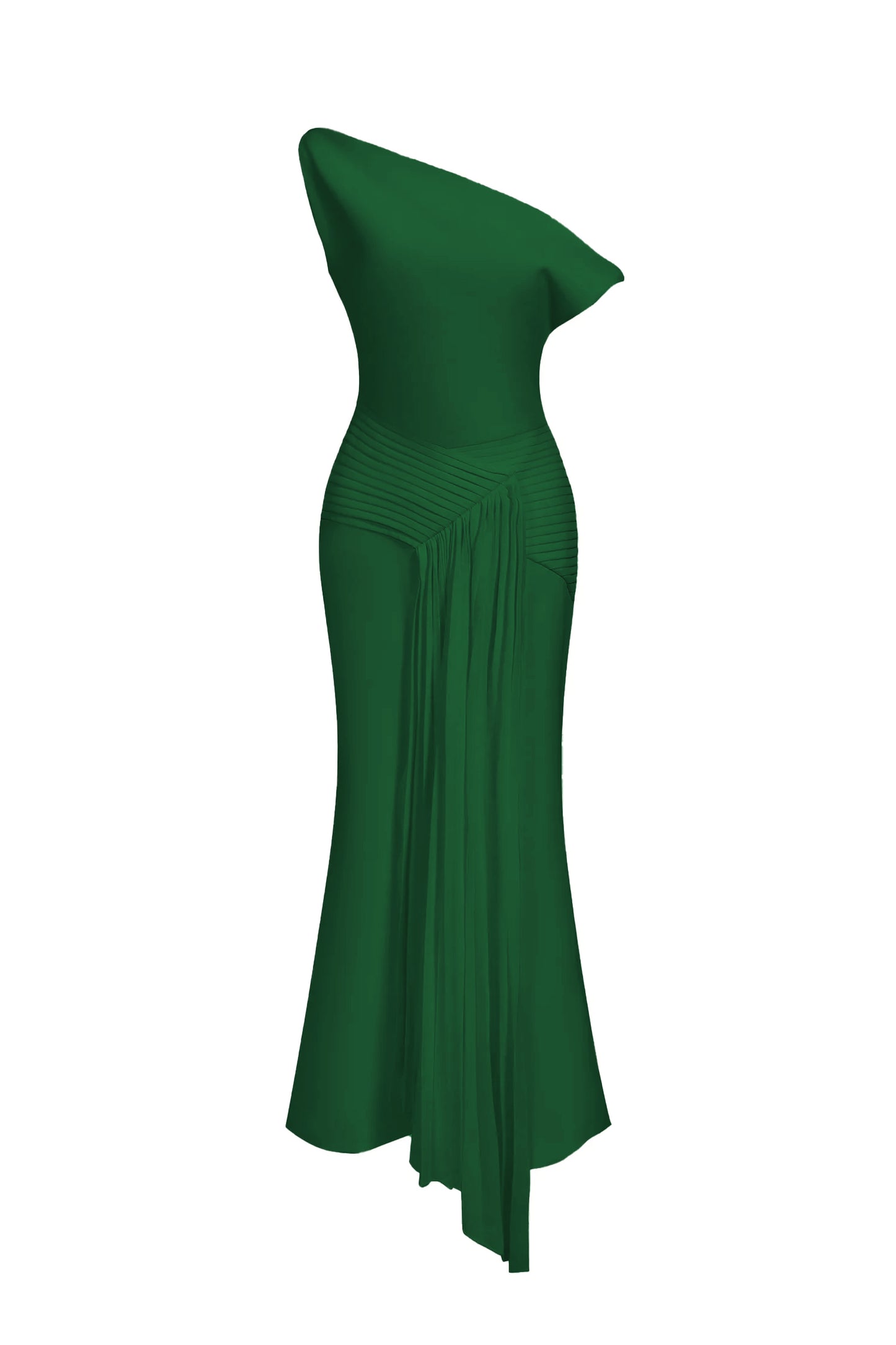 Vestido Paulina Ombro Oblíquo Sem Mangas Pregas Verde Midi