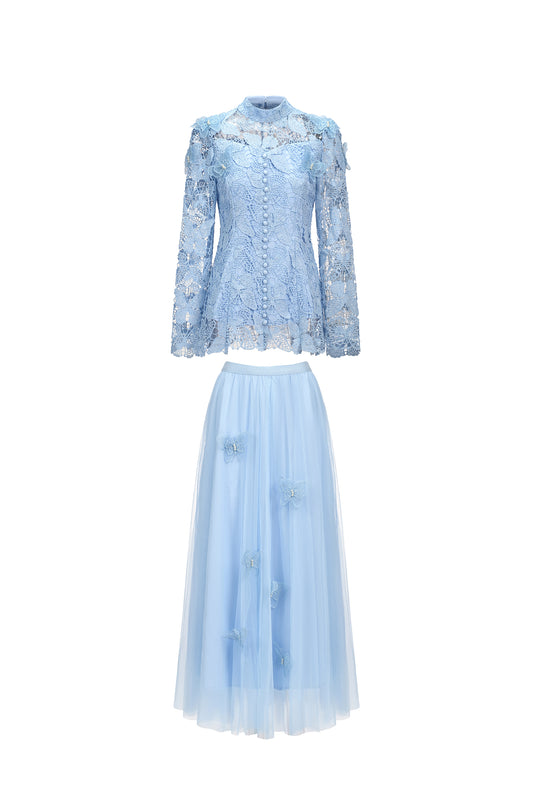 Co-ord Set Sabina com Manga Longa, Pregas e Renda com Borboletas