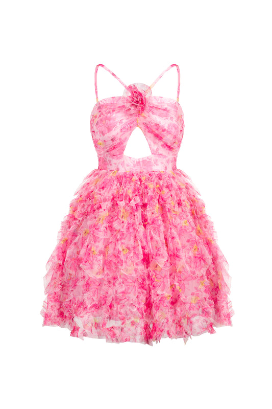 Vestido Mini Daware com Flores Estampadas e Recortes