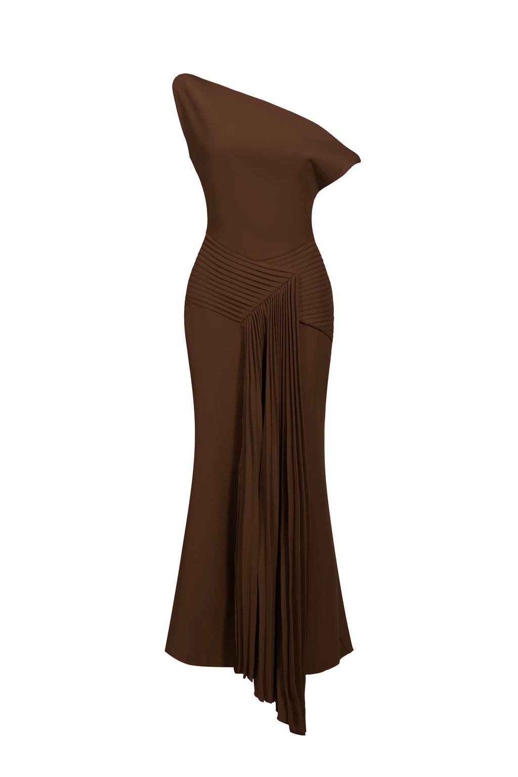 Vestido Midi Paulina com Ombro Oblíquo e Pregas