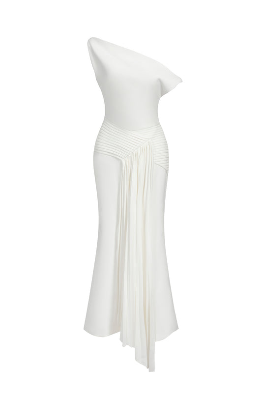 Vestido Midi Paulina com Ombro Oblíquo e Pregas