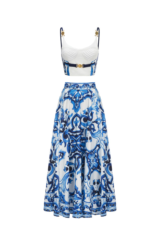 Conjunto Kaona com Top Halter e Saia com Flores Estampadas