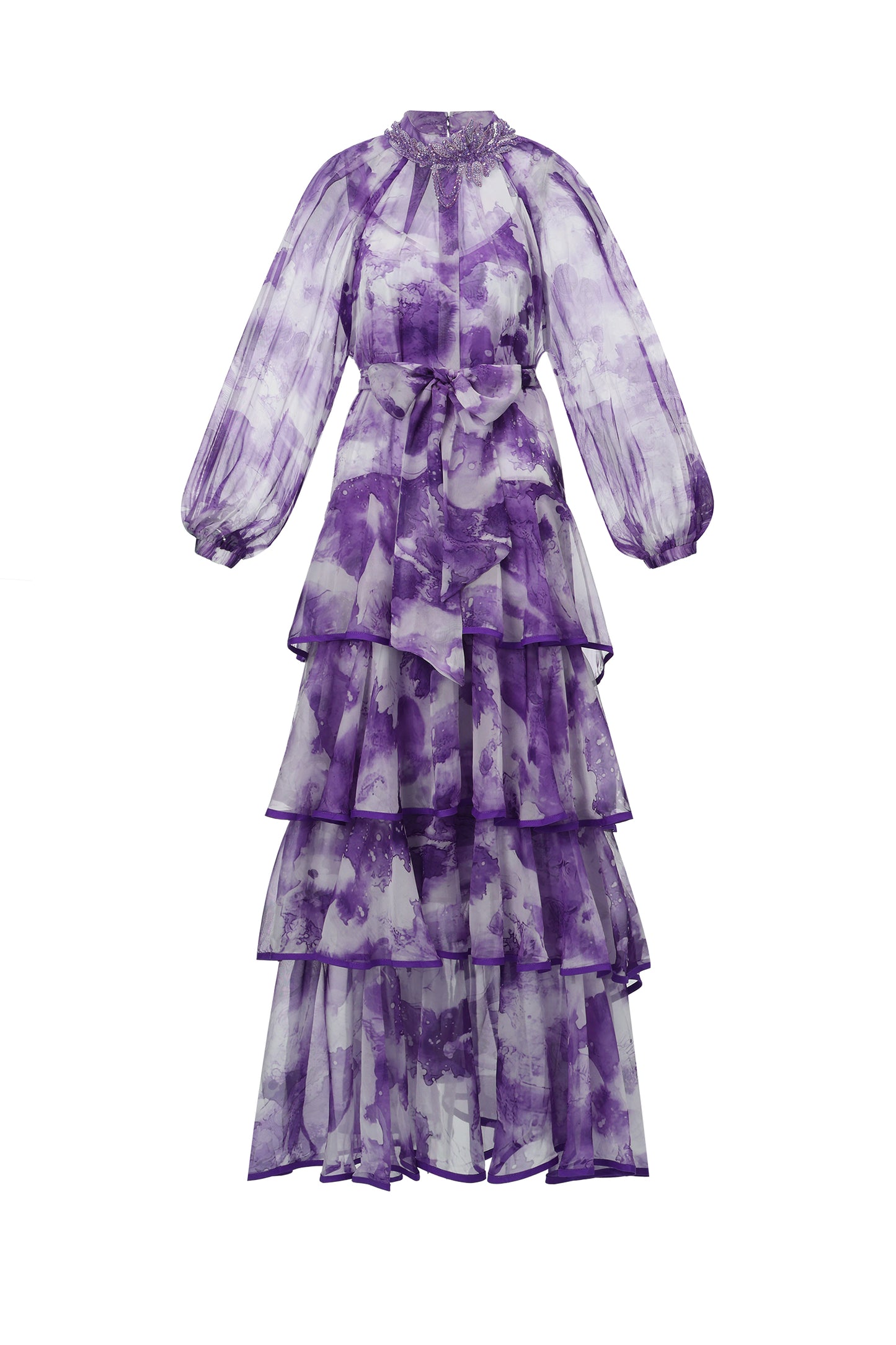 Vestido Maxi Jolie com Decote Redondo, Manga Longa e Padronagem Floral