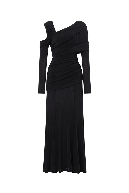 Vestido Maxi Luysa em Malha Preta com Ombro Único
