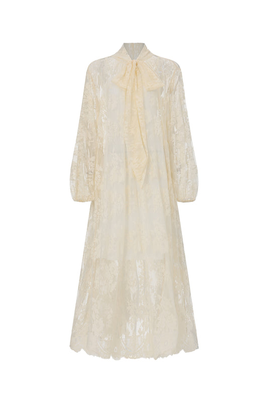 Vestido Maxi Deliyn Resort com Manga Longa, Bordado e Tule