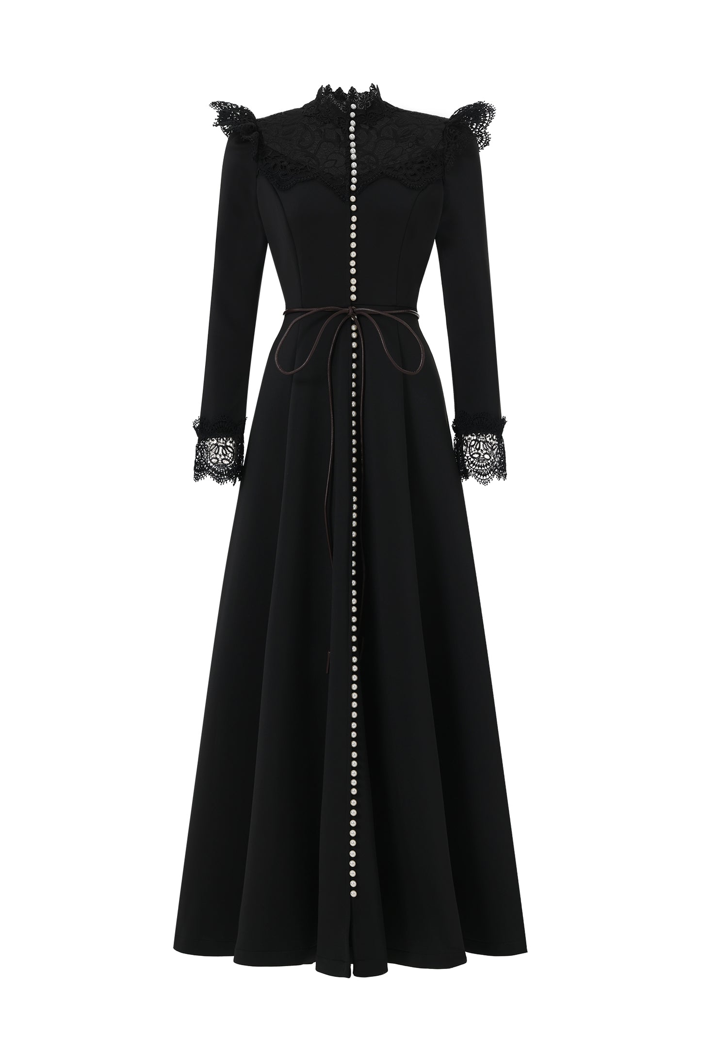Vestido Maxi Eudora Manga Longa Renda Tecido Preto Romântico