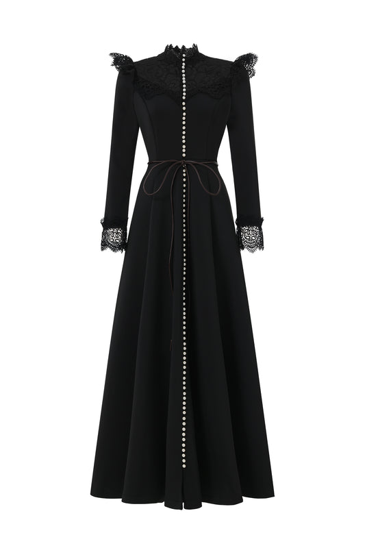 Vestido Maxi Eudora Manga Longa Renda Tecido Preto Romântico