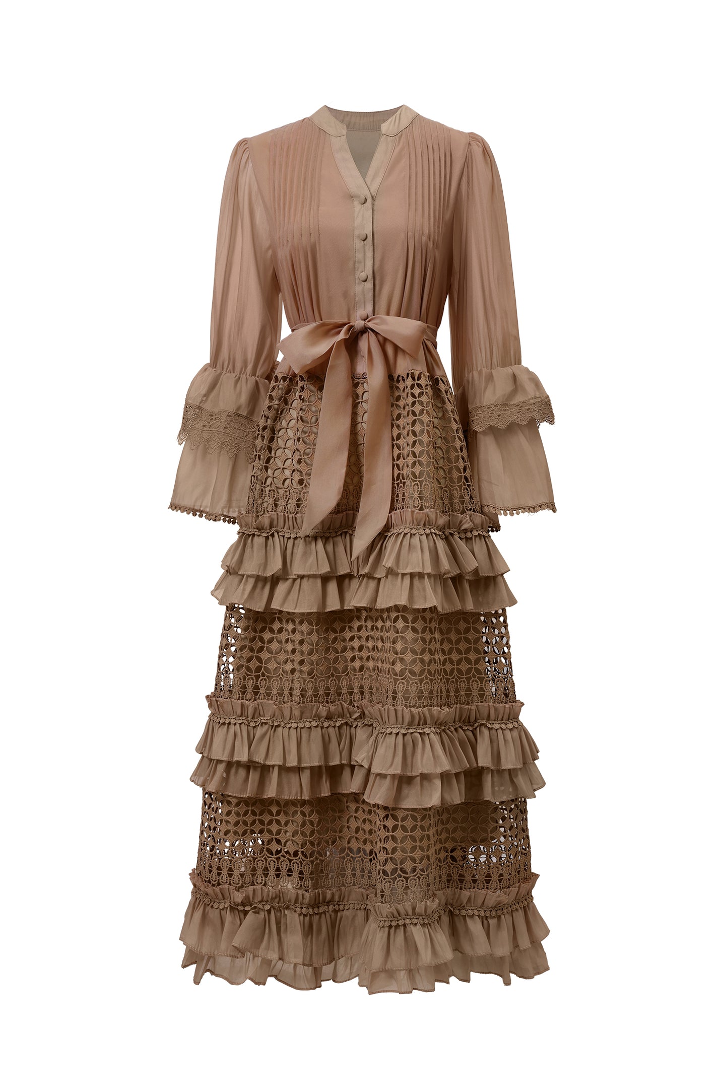 Vestido Maxi Hakula Resort com Manga Longa e Babado em Renda