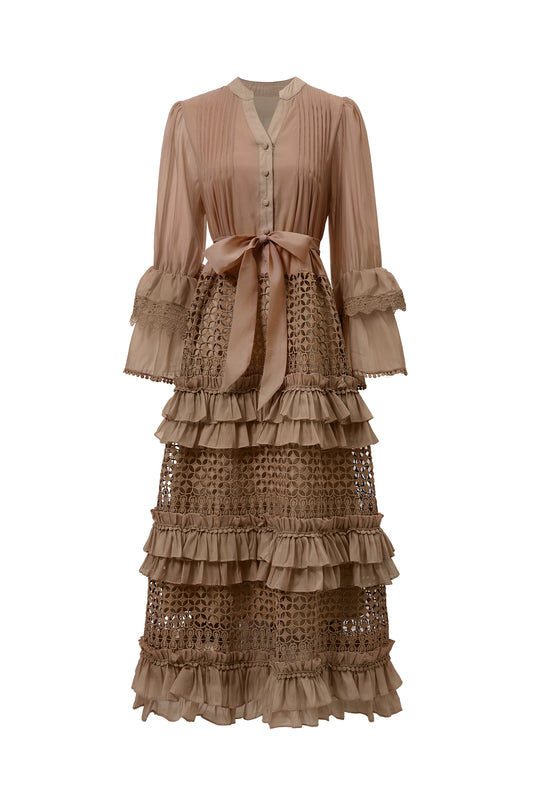 Vestido Maxi Hakula Resort com Manga Longa e Babado em Renda