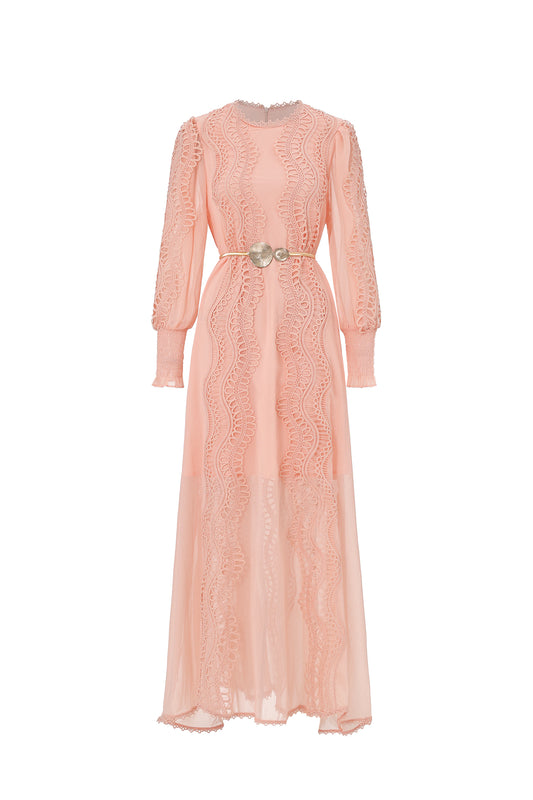Vestido Maxi Pola Resort Renda Floral Rosa