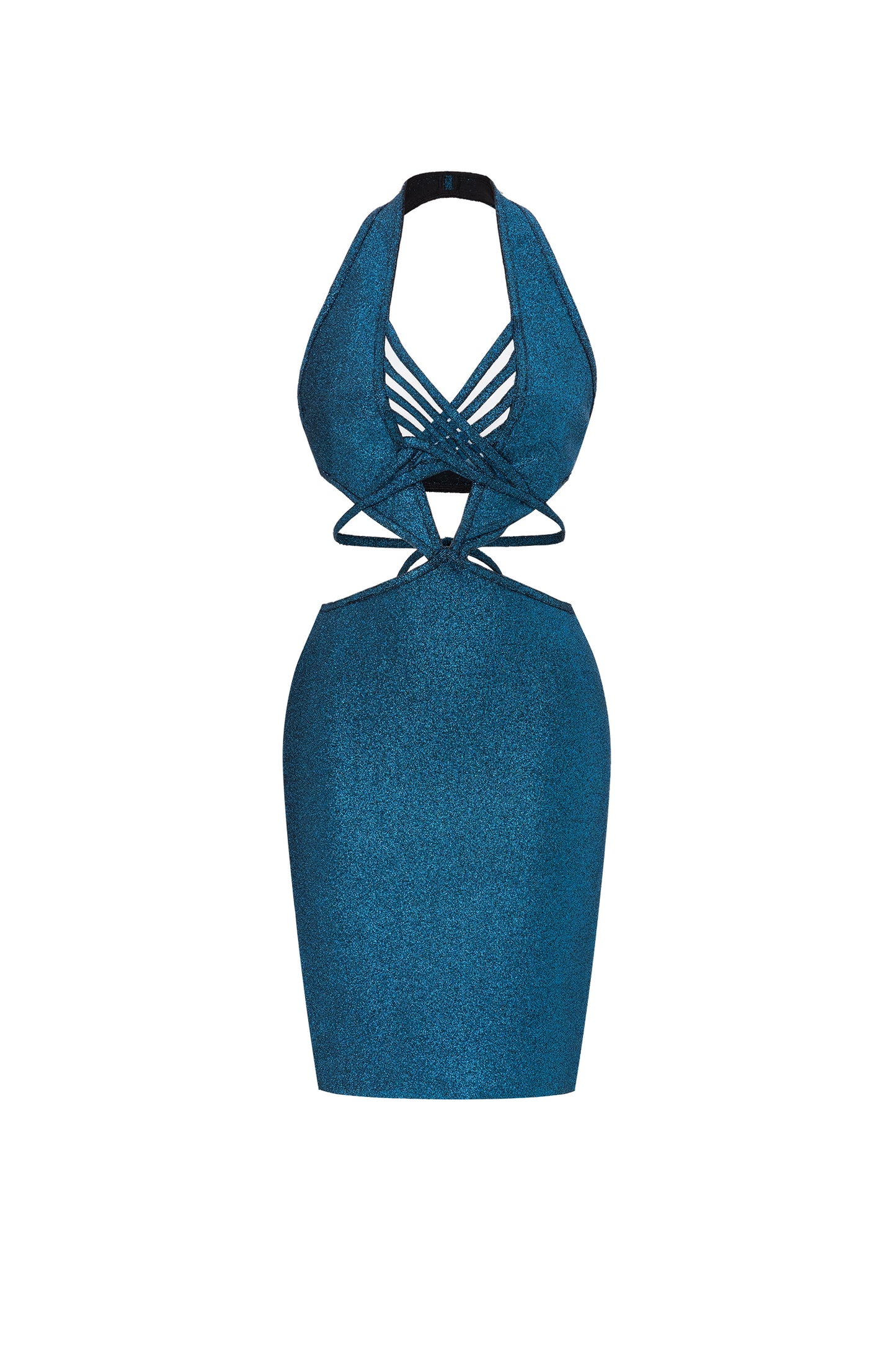 Vestido Bandage Curto Azul Metálico