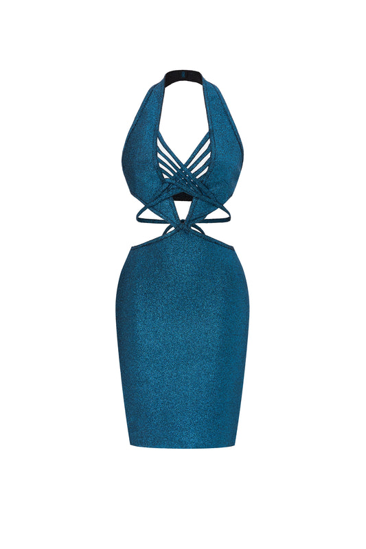 Vestido Bandage Curto Azul Metálico