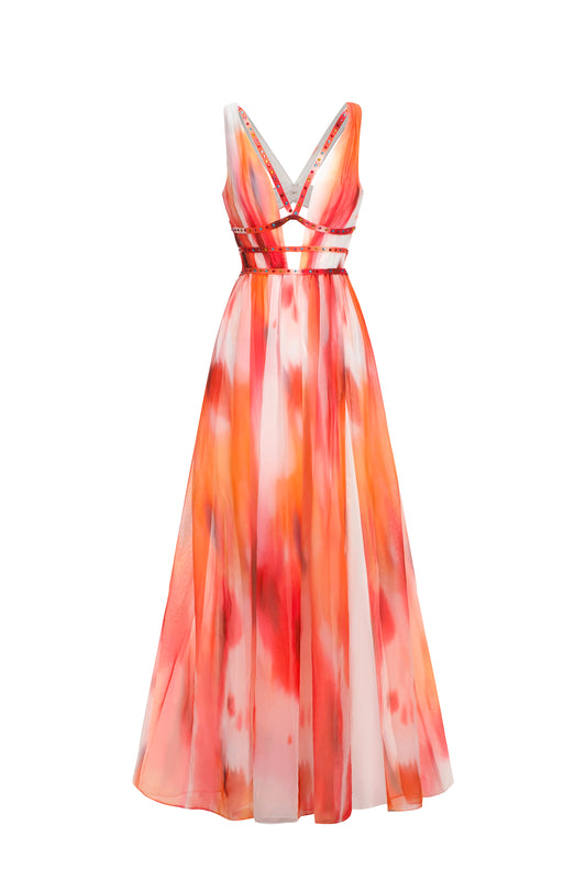 Vestido Midi Ierra Decote V sem Mangas com Padronagem Geométrica