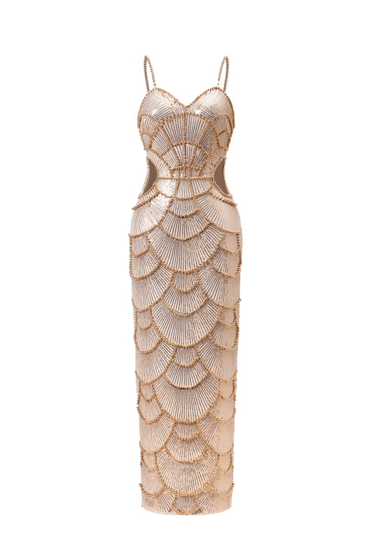Vestido Midi Teresa com Pérolas e Paetês Dourados
