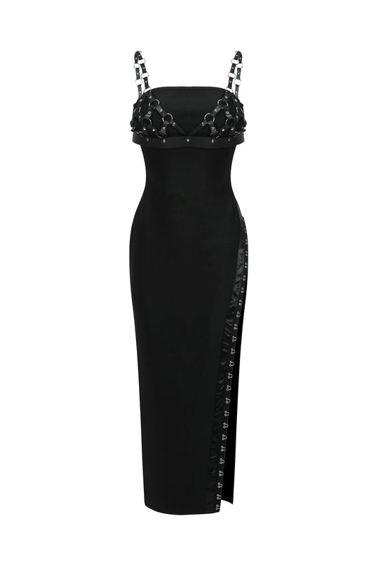 Conjunto Cherrie: Top em Couro Tecido & Vestido Midi Bandage com Fenda