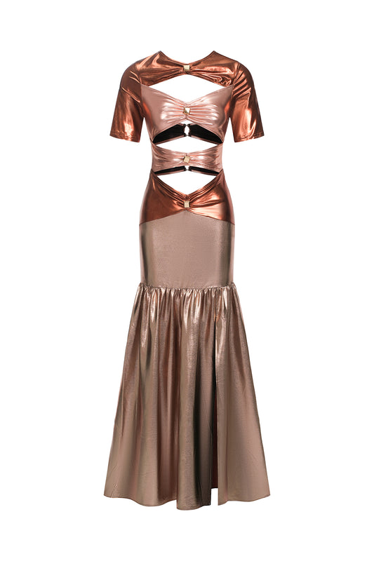 Vestido Kaci Maxi com Detalhes Vazados Metalizados