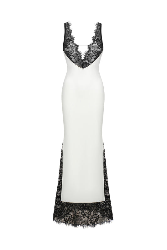 Vestido Longo Gunnhild com Renda e Decote em V