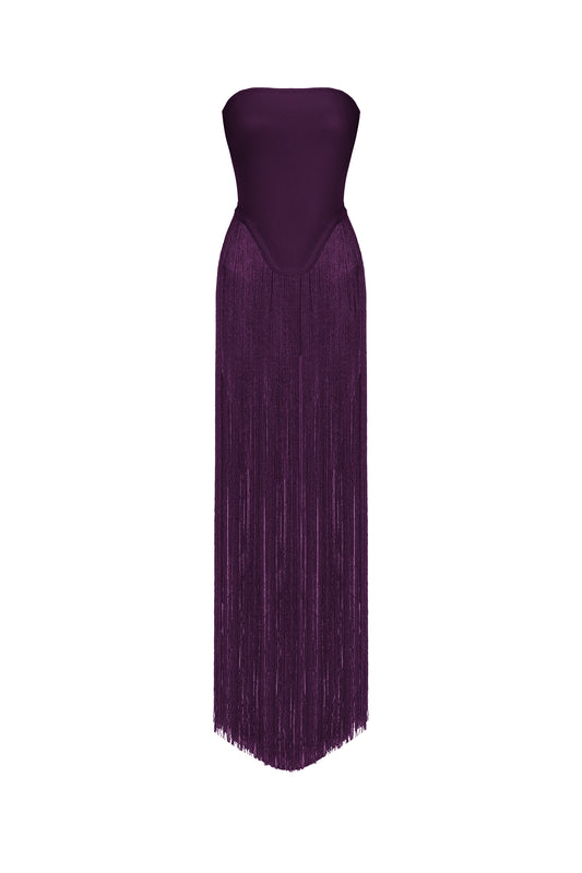 Vestido Valentina: Sem Alças em Roxo com Franjas