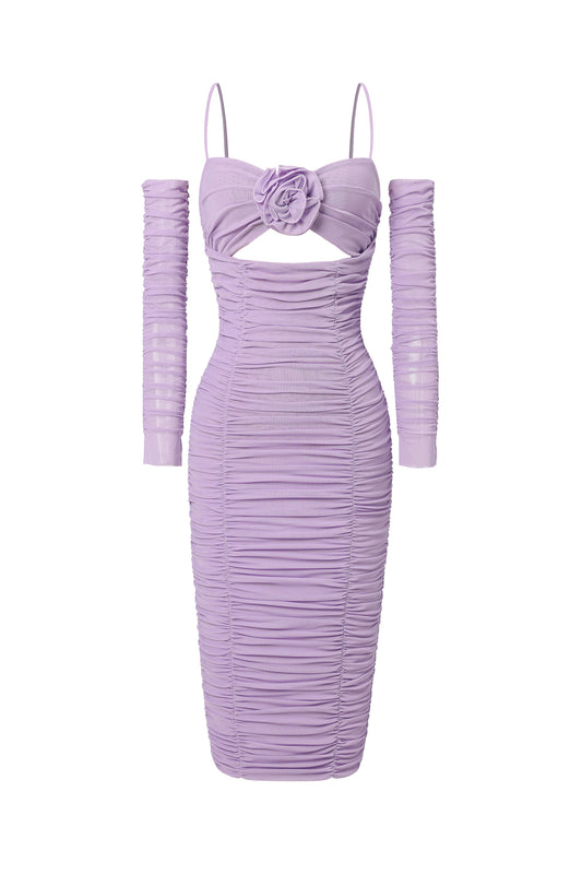 Vestido Midi Halter Waza com Recorte e Tule Pregueado